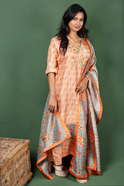 Orange Straight Cut Kurtha with Yolk Embroidery with Silk Floral Dupatta