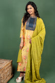 Mustard Closed Collar Floral Silk Cotton Kurtha with Crushed Silk Dupatta