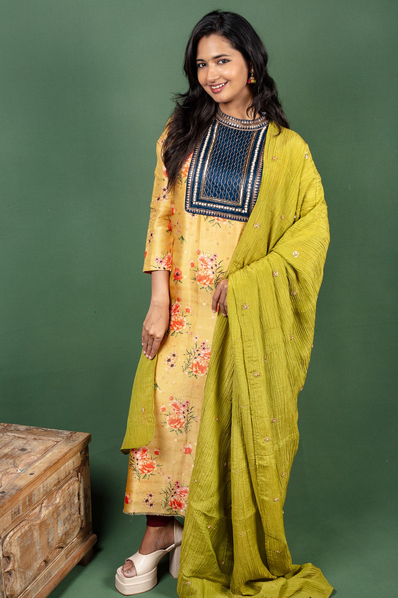 Mustard Closed Collar Floral Silk Cotton Kurtha with Crushed Silk Dupatta