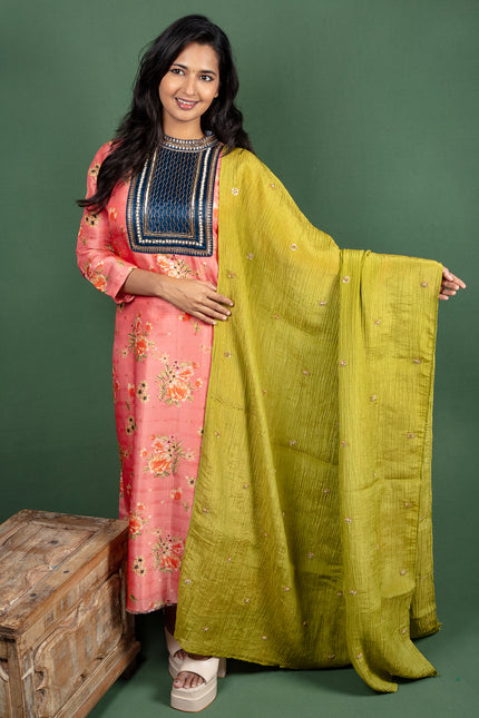 Pink Closed Collar Floral Silk Cotton Kurtha with Crushed Silk Dupatta