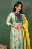 Turquoise Green Closed Collar Floral Silk Cotton Kurtha with Crushed Silk Dupatta