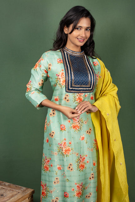 Turquoise Green Closed Collar Floral Silk Cotton Kurtha with Crushed Silk Dupatta