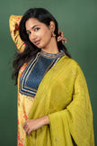 Mustard Closed Collar Floral Silk Cotton Kurtha with Crushed Silk Dupatta
