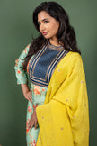 Turquoise Green Closed Collar Floral Silk Cotton Kurtha with Crushed Silk Dupatta
