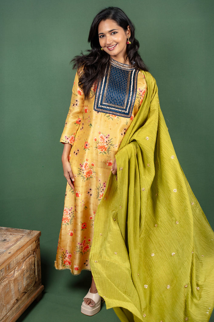 Mustard Closed Collar Floral Silk Cotton Kurtha with Crushed Silk Dupatta