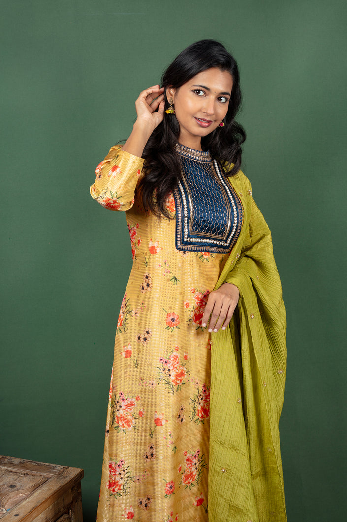 Mustard Closed Collar Floral Silk Cotton Kurtha with Crushed Silk Dupatta