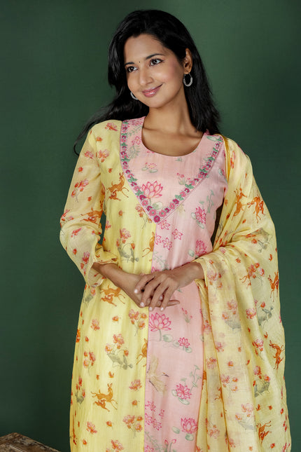 Yellow & Pink Chanderi Kurta with Dupatta