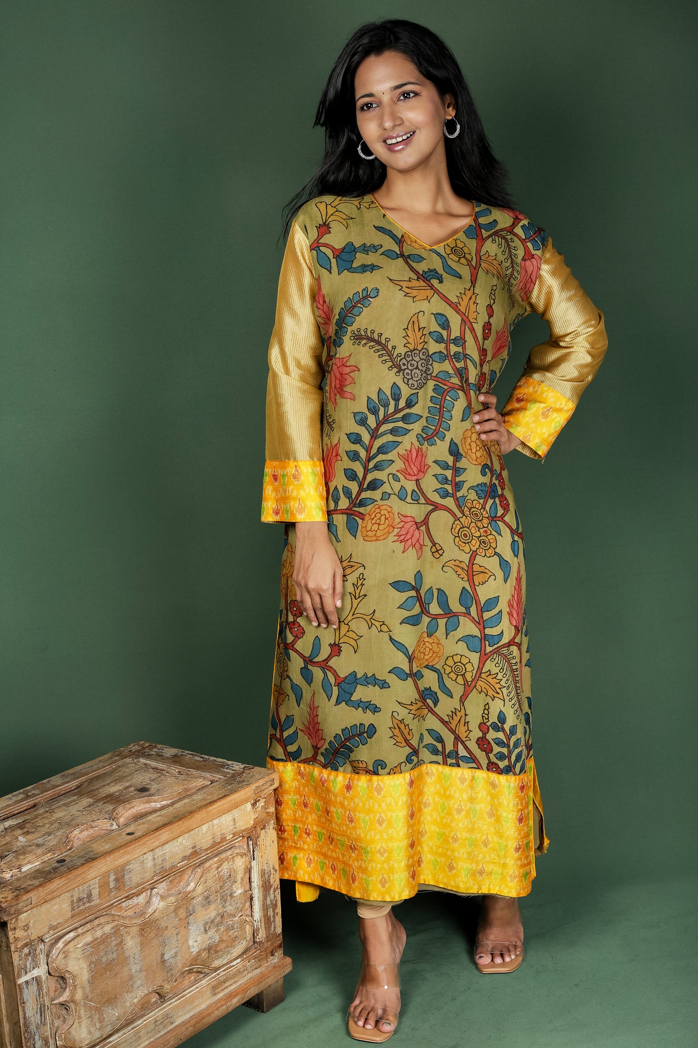 Olive Green Kalamkari Assam Silk Kurta with Ikat Detailing
