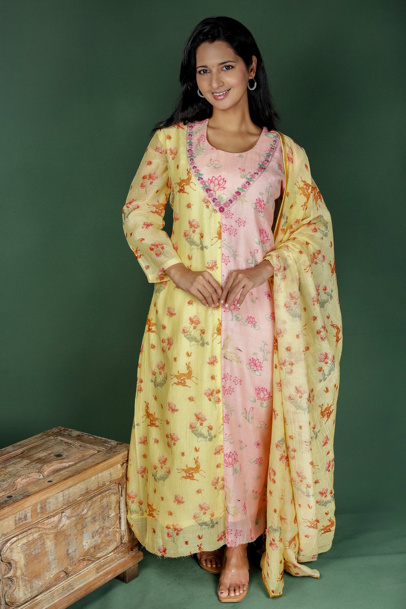 Yellow & Pink Chanderi Kurta with Dupatta