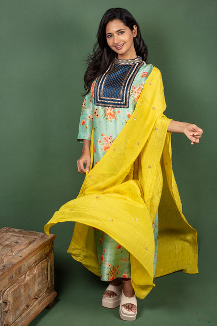 Turquoise Green Closed Collar Floral Silk Cotton Kurtha with Crushed Silk Dupatta