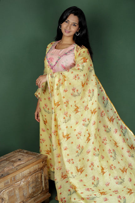 Yellow & Pink Chanderi Kurta with Dupatta