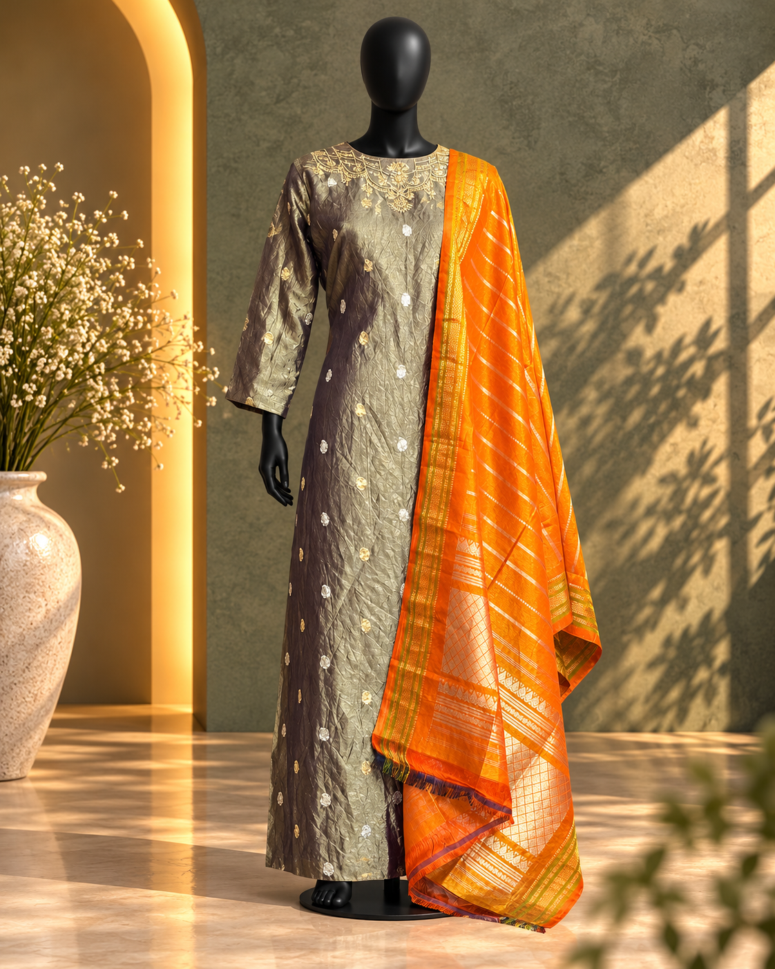 Grey Gold Embroidered Kurta Set with Orange Dupatta