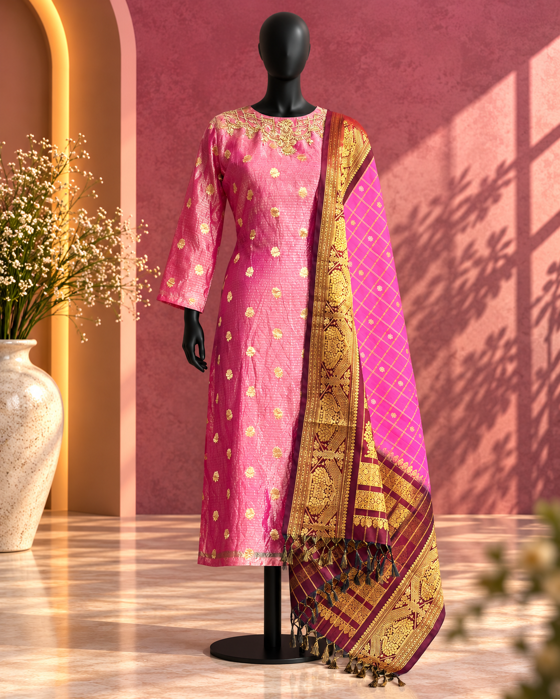 Pink Gold Motif Kurta Set with Traditional Dupatta