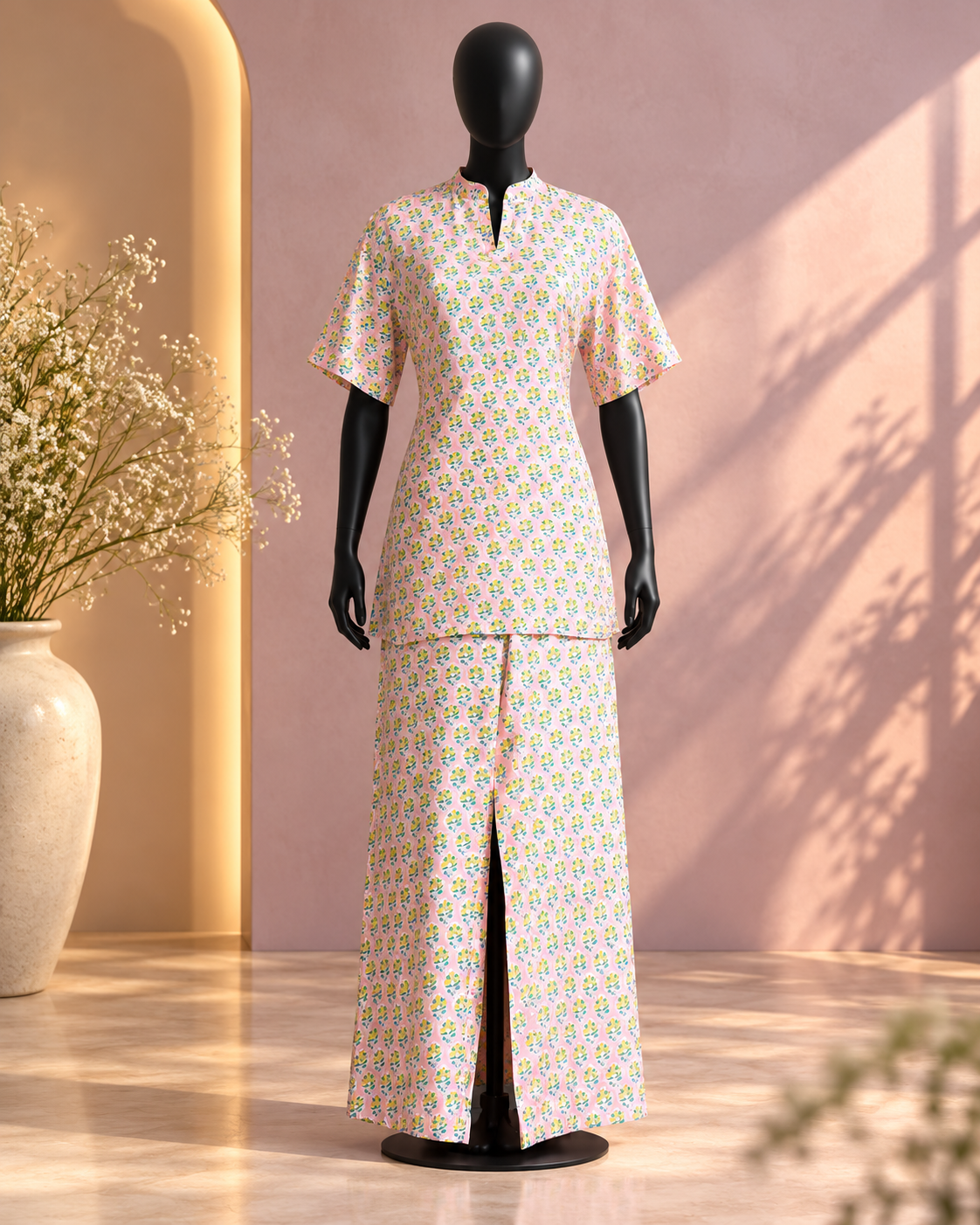 Pastel Pink Floral Printed Top and Palazzo Set