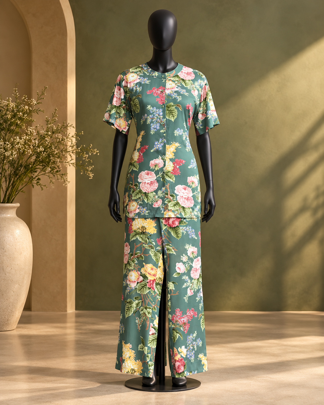 Teal Green Floral Printed Top and Palazzo Set