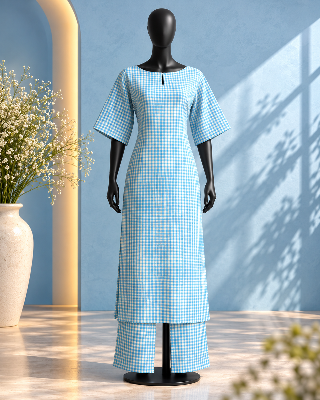 Sky Blue Gingham Check Kurta Set with Palazzo