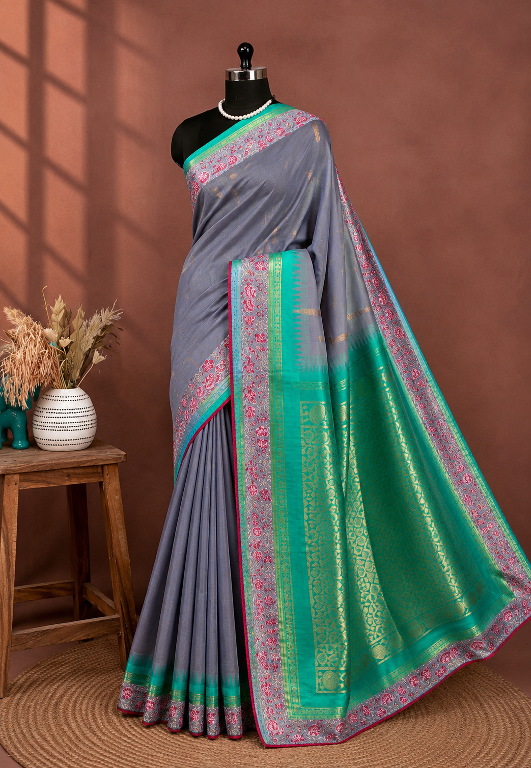 Grey Soft Silk Saree with Emerald Green Zari Pallu