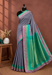 Grey Soft Silk Saree with Emerald Green Zari Pallu