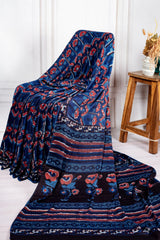 Navy Blue Floral Printed Cotton Saree