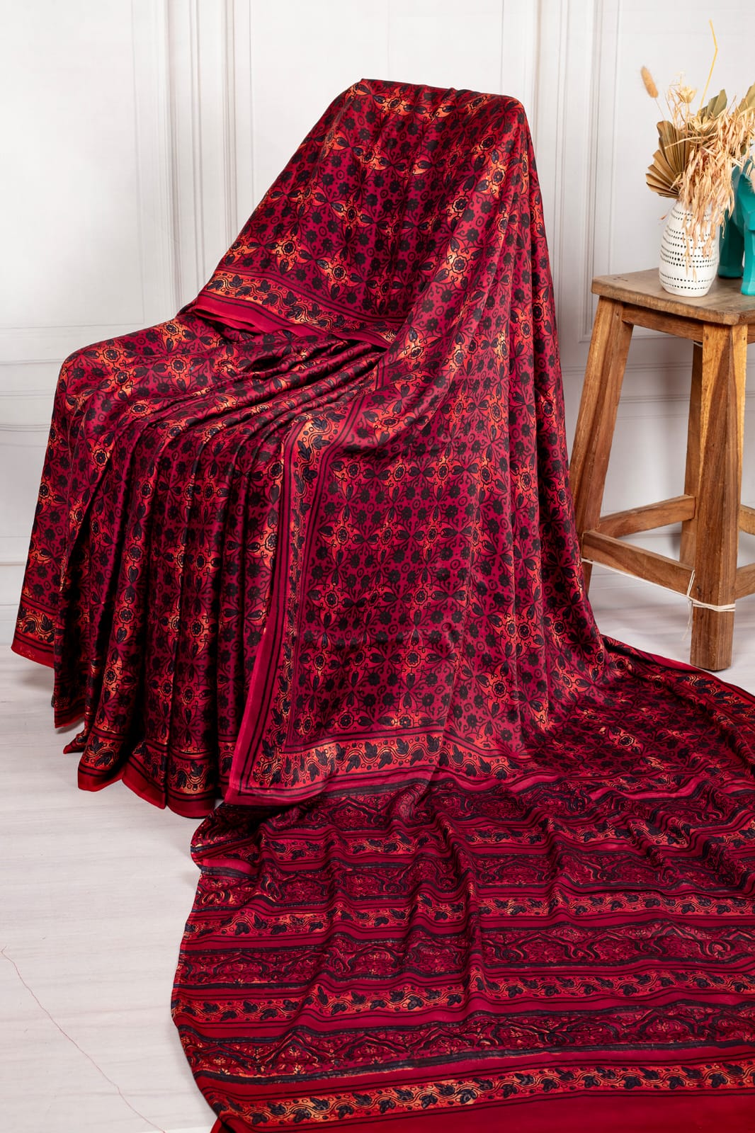 Crimson Red Floral Printed Cotton Saree