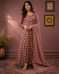 Elegant Mauve Floral Printed Anarkali Kurta Set with Contrast Inner Layer & Matching Dupatta