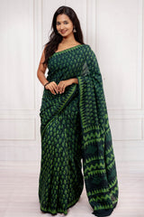 Elegant Forest Green Hand Block Printed Cotton Saree with Traditional Geometric Pallu