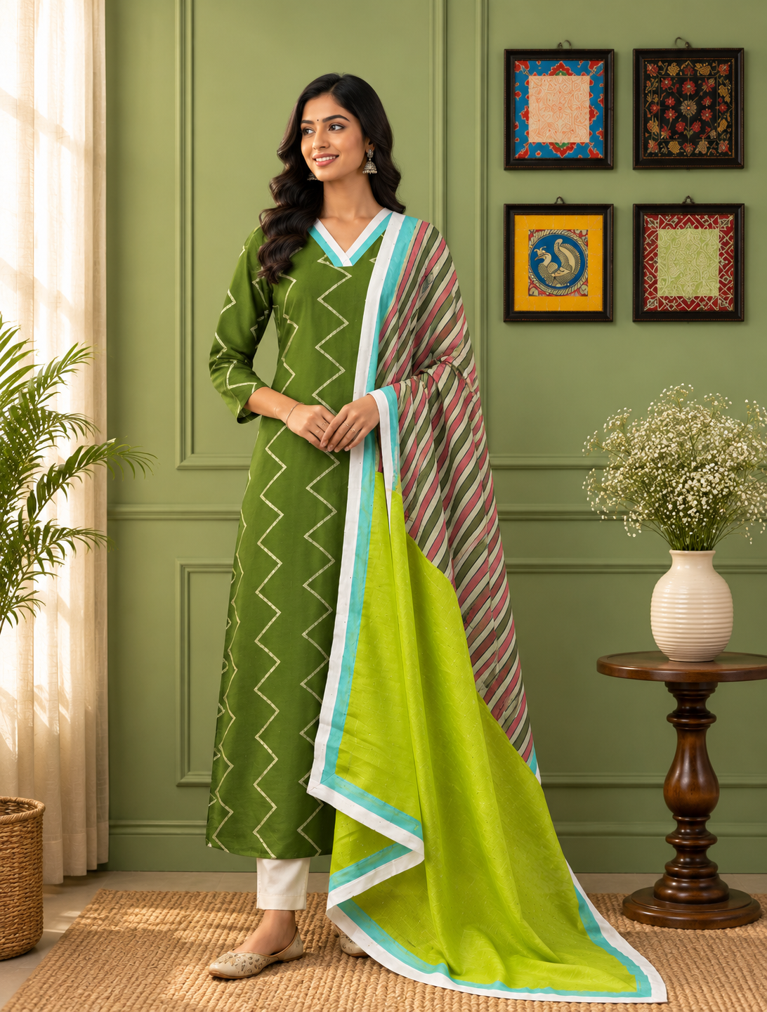Olive Green Zigzag Kurta Set with Dual-Tone Designer Dupatta