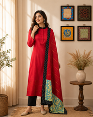 Ruby Red Straight Kurta Pant Set with Designer Contrast Dupatta