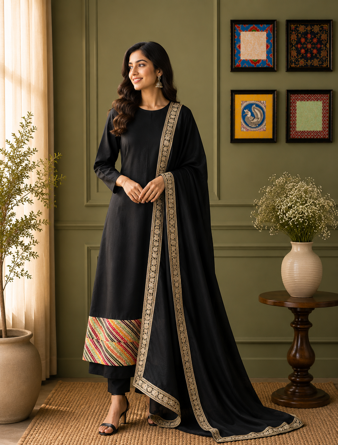 Classic Black Kurta Pant Set with Embroidered Dupatta