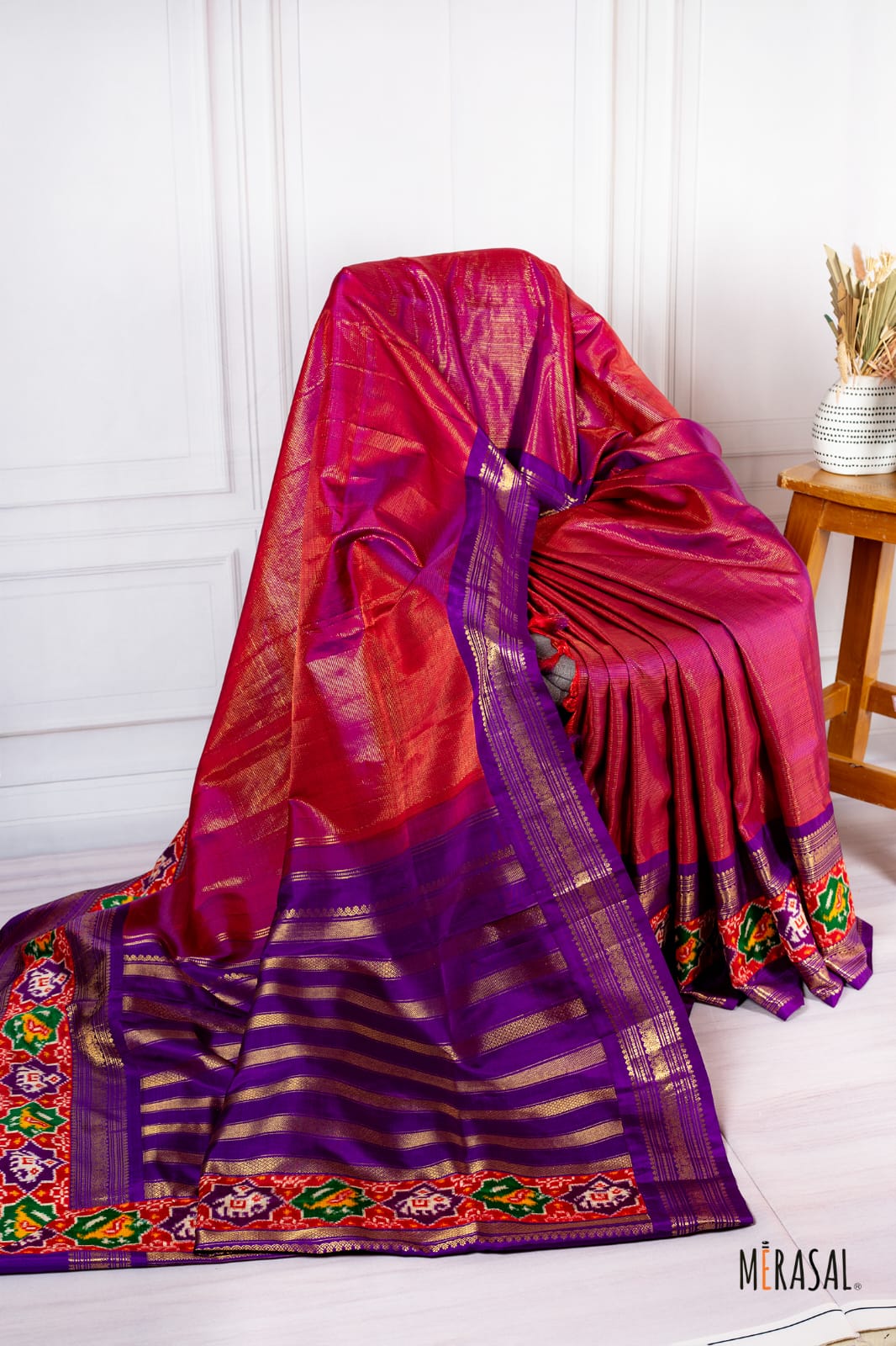 Royal Magenta Soft Silk Saree with Purple Zari Border & Traditional Ikkat Pallu