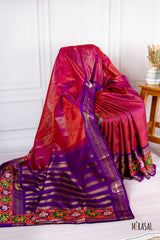 Royal Magenta Soft Silk Saree with Purple Zari Border & Traditional Ikkat Pallu