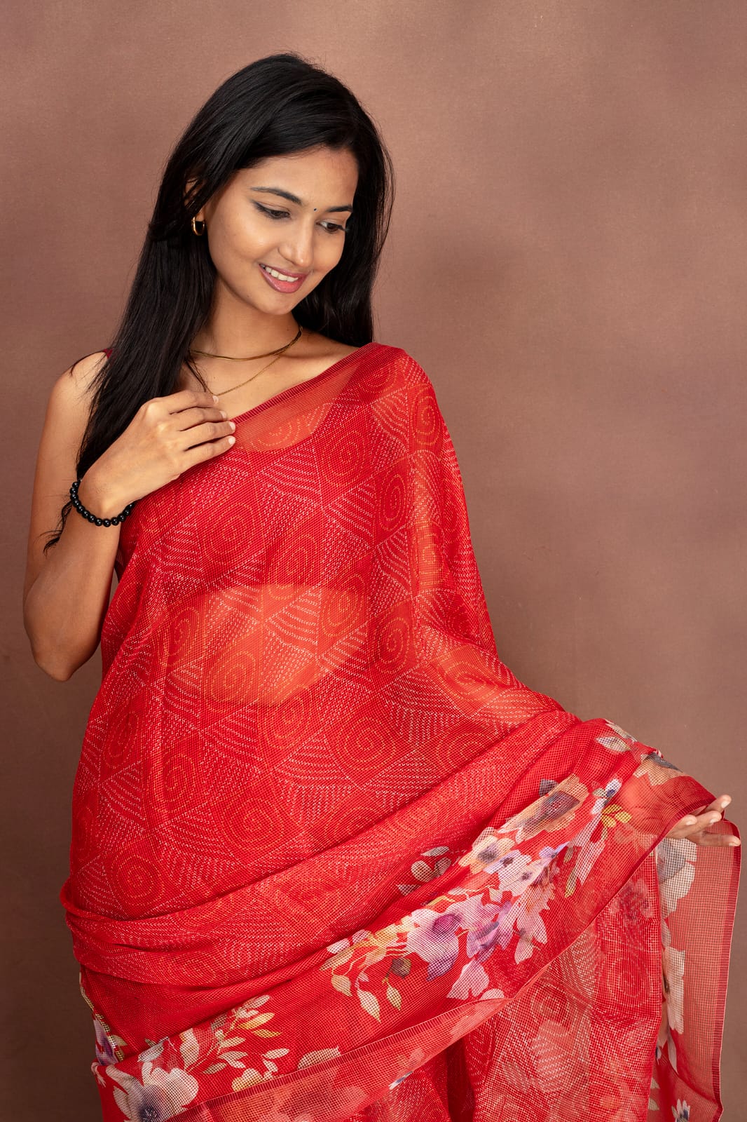 Red Floral Linen Saree
