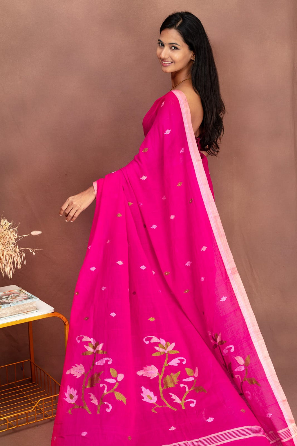 Pink Floral Cotton Saree