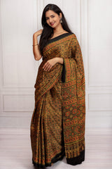 Elegant Black Ajrakh Inspired Printed Soft Cotton Saree with Traditional Heritage Motifs