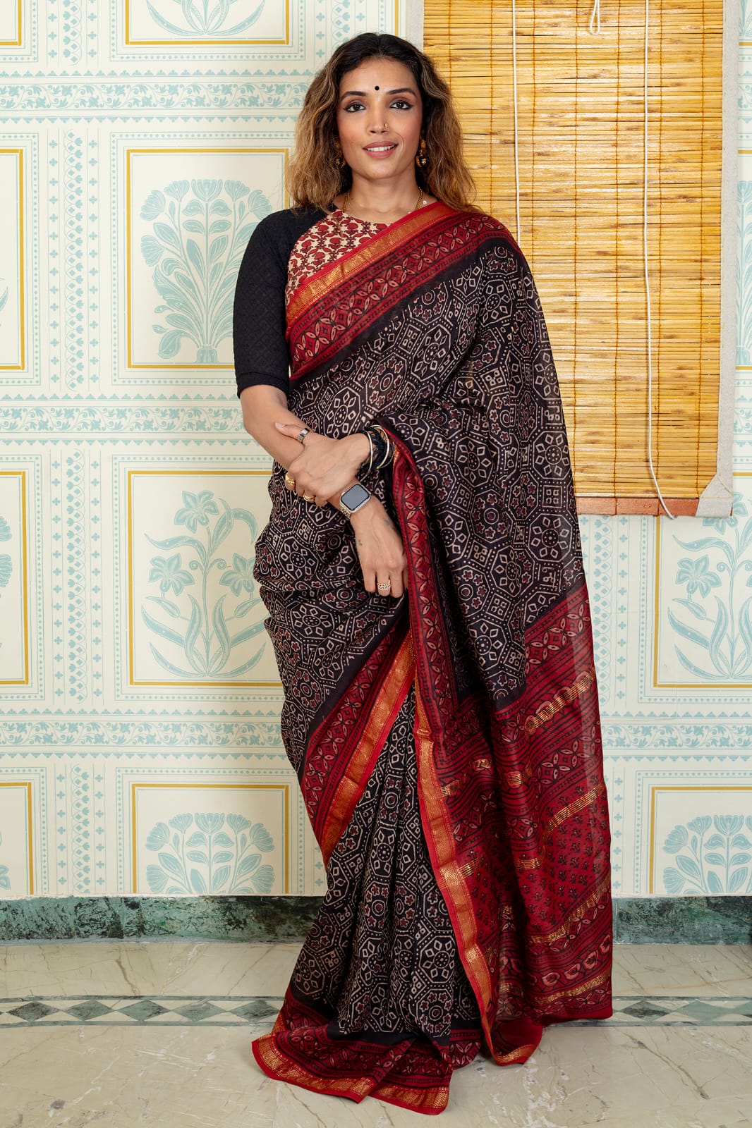 Elegant Black Ajrakh Inspired Printed Cotton Saree with Rich Maroon Pallu & Traditional Golden Border
