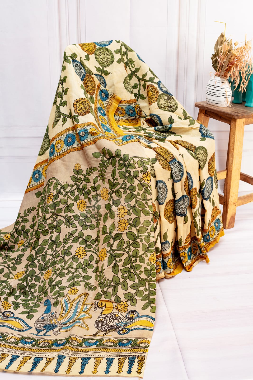 Ivory Kalamkari Peacock Garden Printed Cotton Saree