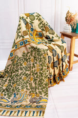 Ivory Kalamkari Peacock Garden Printed Cotton Saree