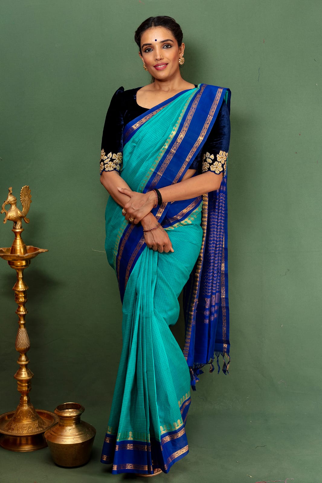 Royal Aqua Blue Zari Border Cotton Silk Saree
