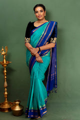 Royal Aqua Blue Zari Border Cotton Silk Saree