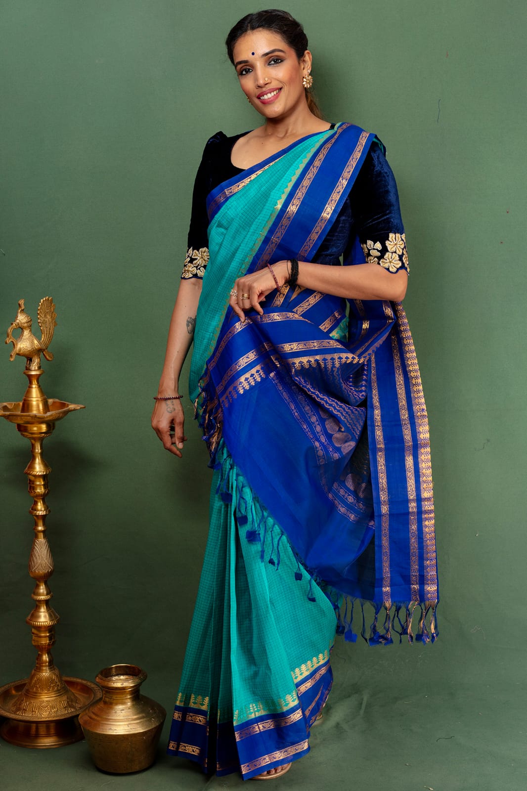 Royal Aqua Blue Zari Border Cotton Silk Saree