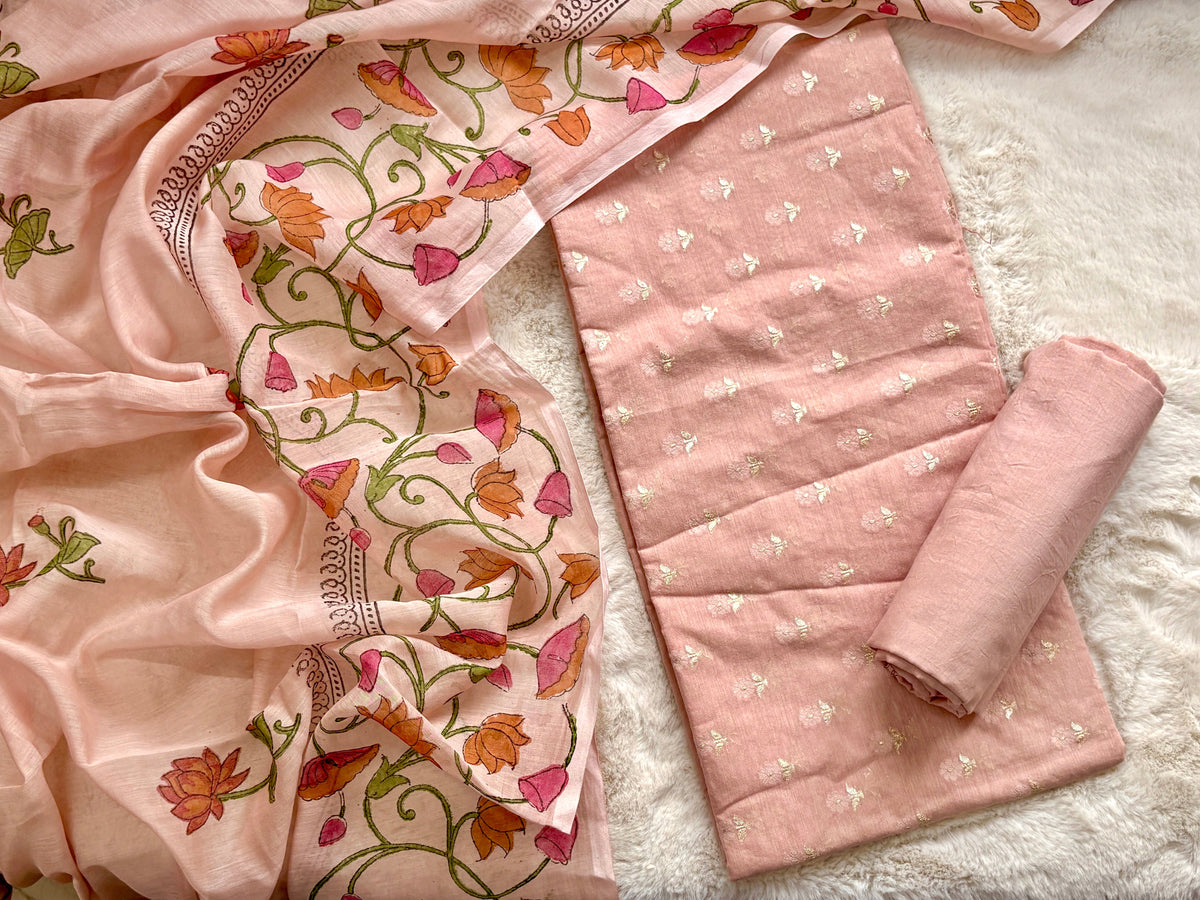 Blush Bloom: Elegant Peach-Pink Unstitched Salwar Suit Set