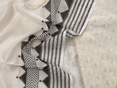 Ivory Minimalist: Cream Unstitched Suit Set with Monochrome Geometric Dupatta