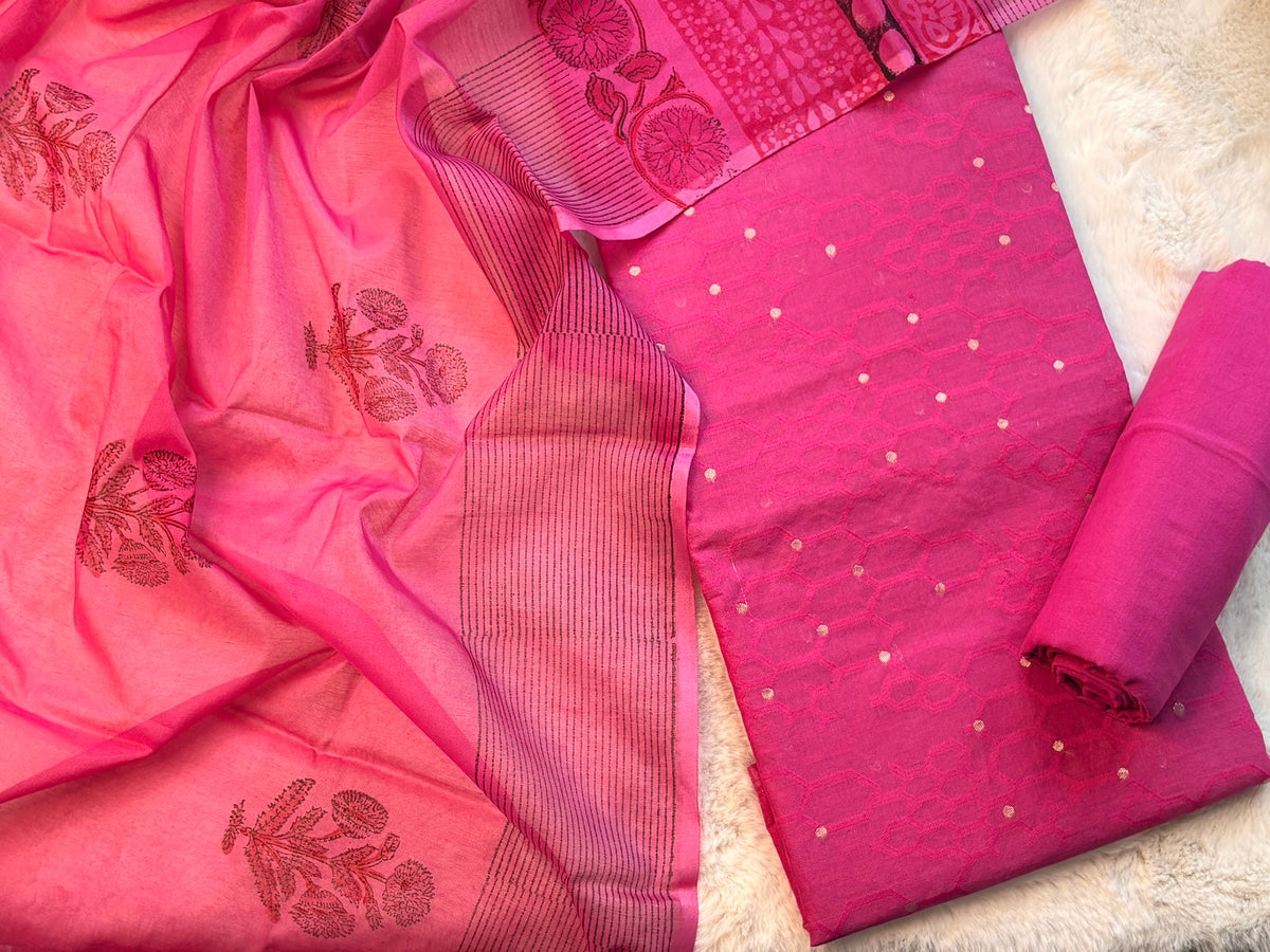 Rani Radiance: Vibrant Pink Unstitched Salwar Suit Set