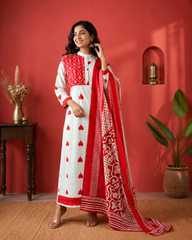 Red & White Cotton Suit Set