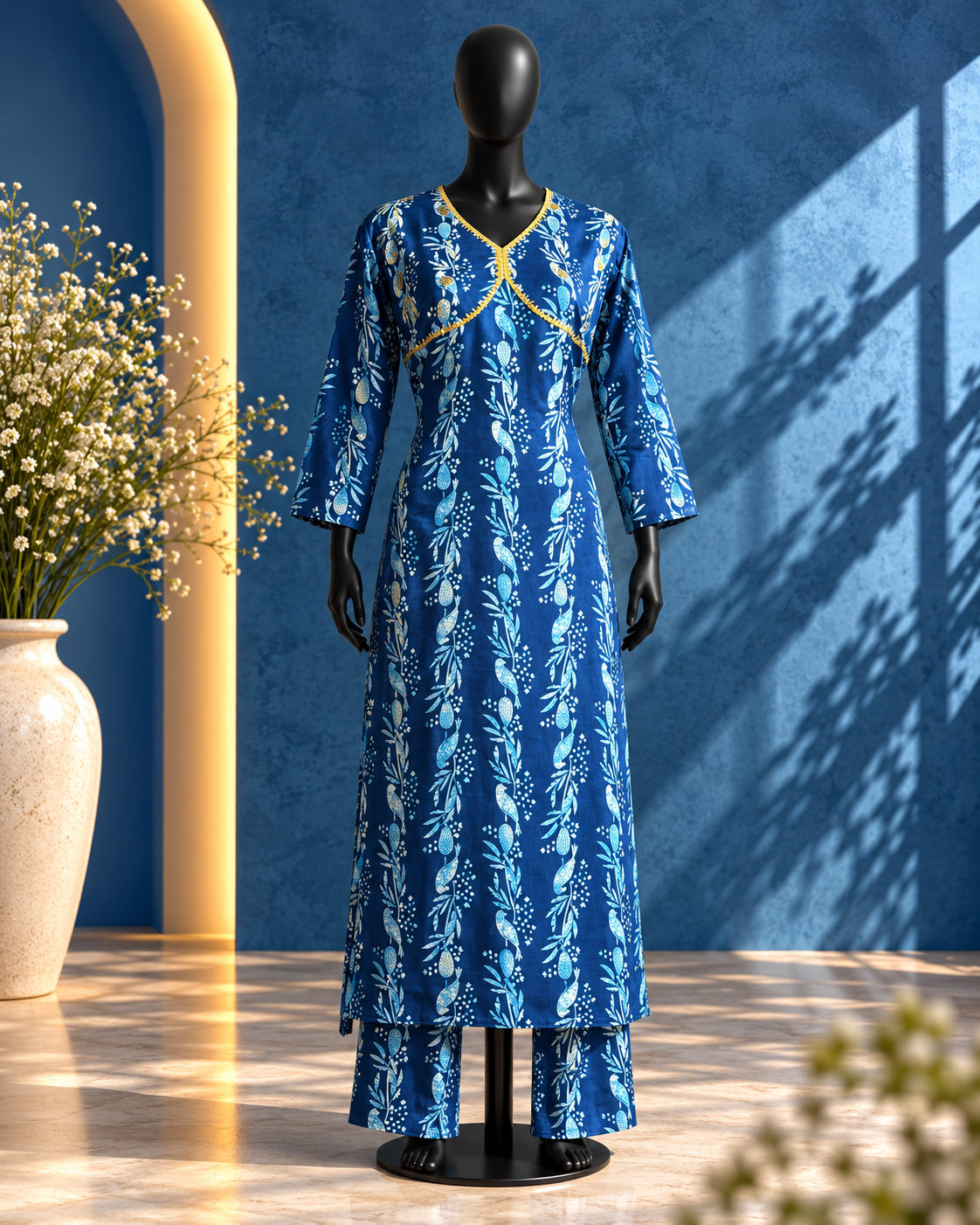 Royal Blue Botanical Printed Kurta Set with Palazzo