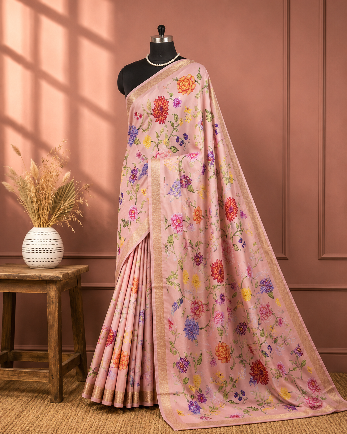 Blush Pink Floral Printed Saree with Gold Border