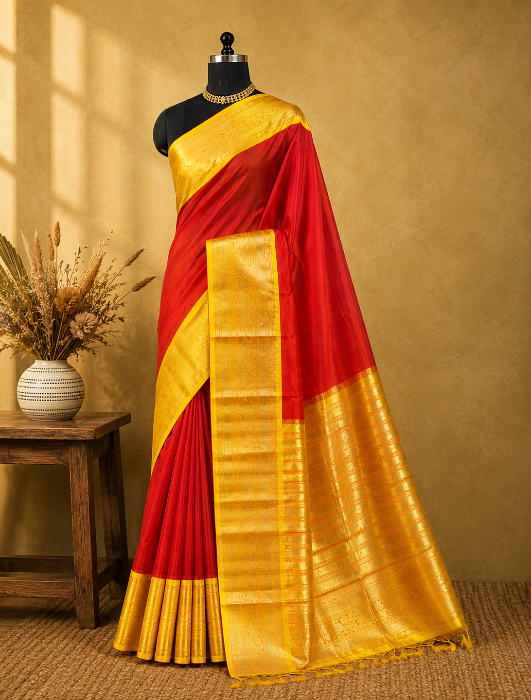 Ruby Red Soft Silk Saree with Gold Zari Border