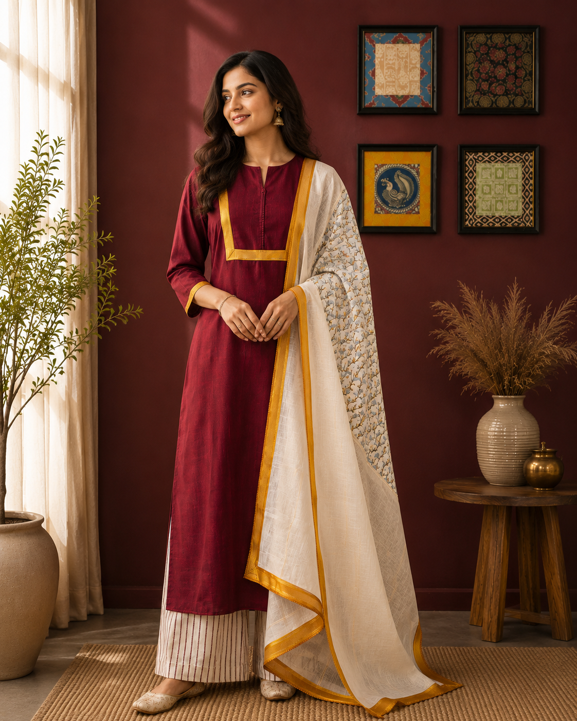 Maroon Cotton Kurta Set with Striped Palazzo & Printed Dupatta