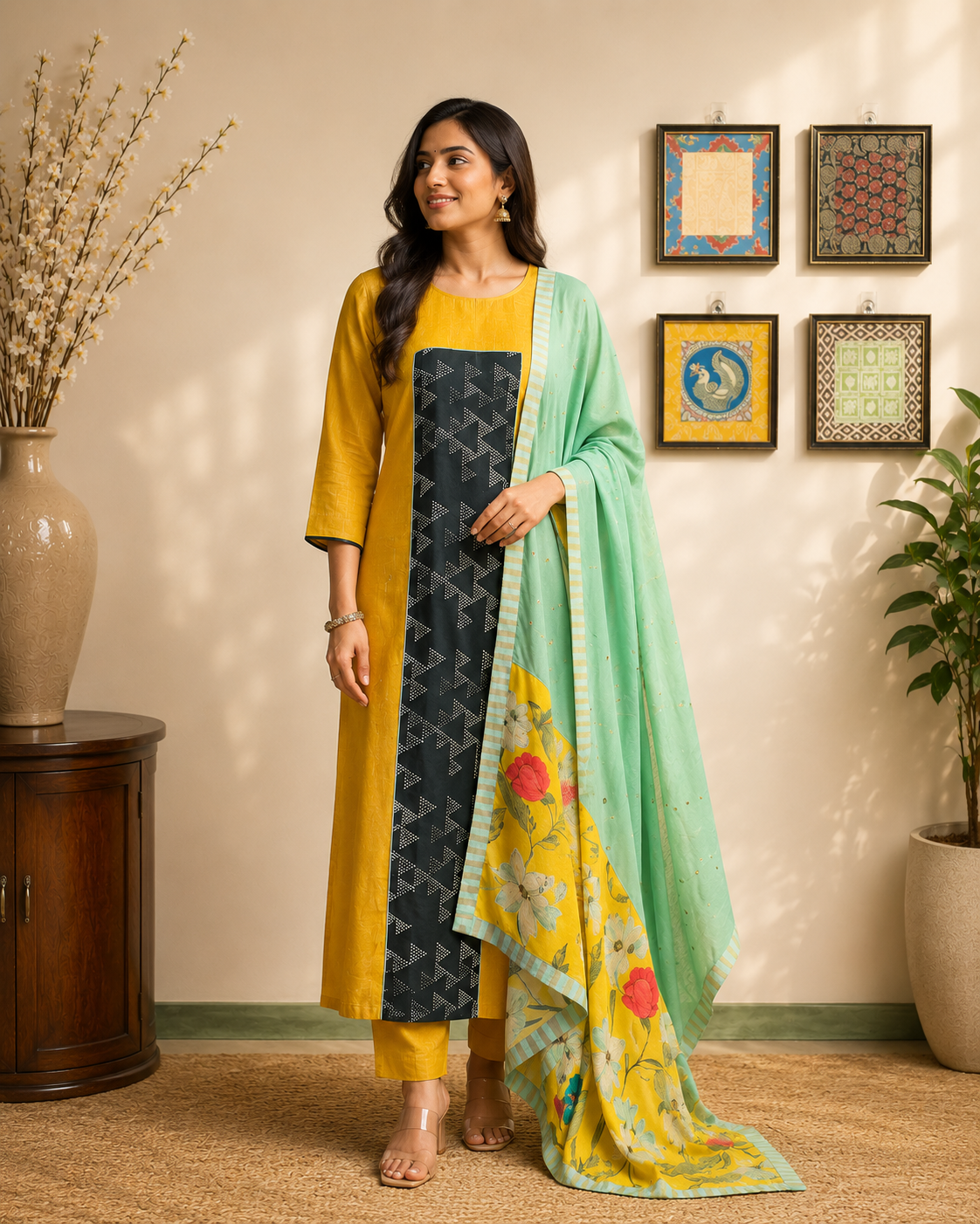 Mustard Yellow Cotton Kurta Set with Geometric Panel & Floral Dupatta