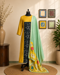 Mustard Yellow Cotton Kurta Set with Geometric Panel & Floral Dupatta
